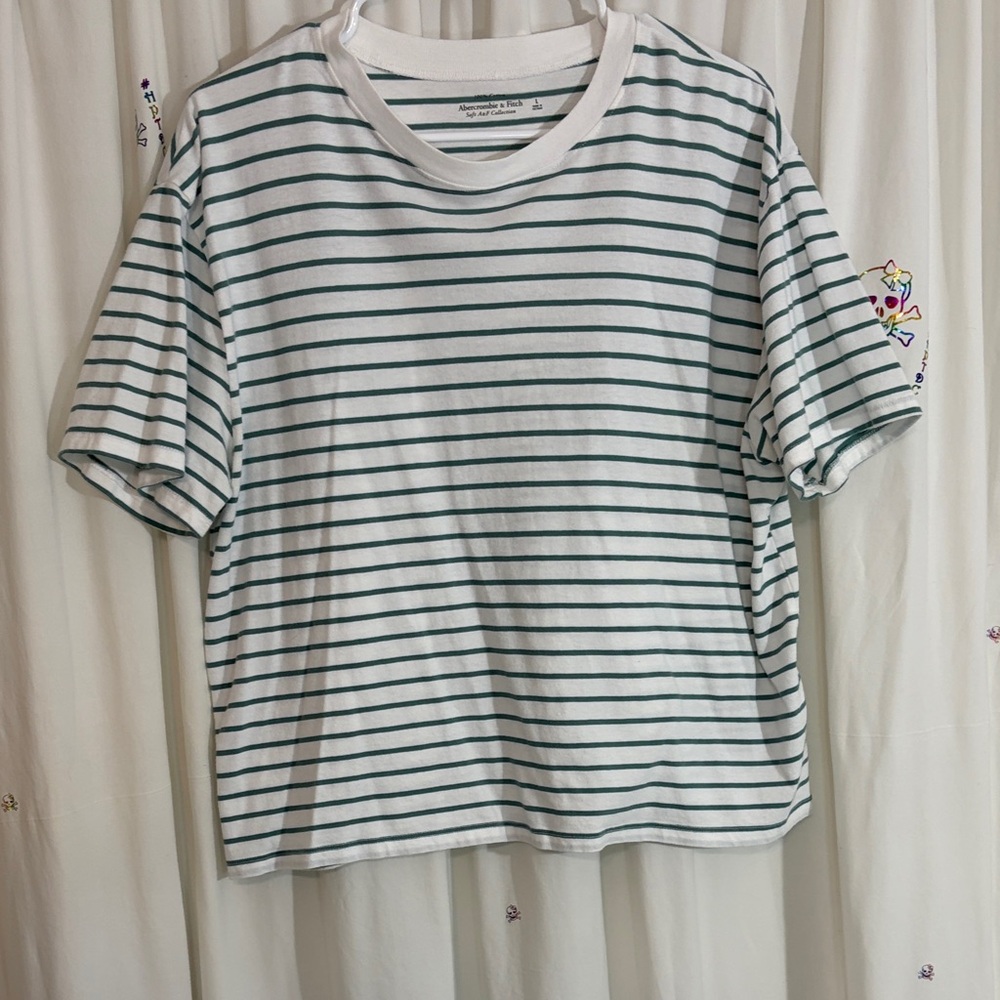 Abercrombie & Fitch Striped Crewneck Tee - White with Green Stripes LARGE